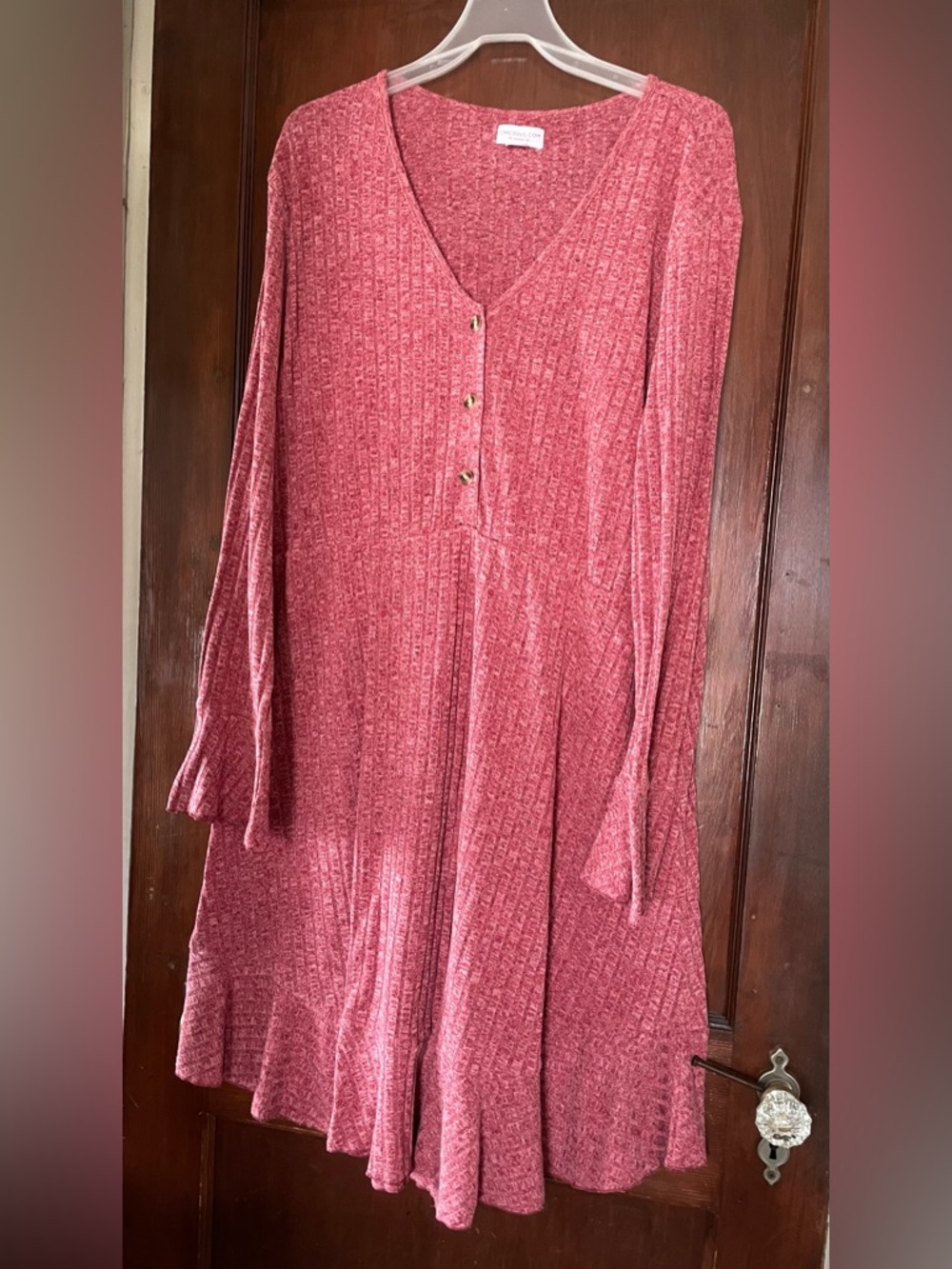 Women's Rose Pink Ribbed V-Neck Long-Sleeve Dress
